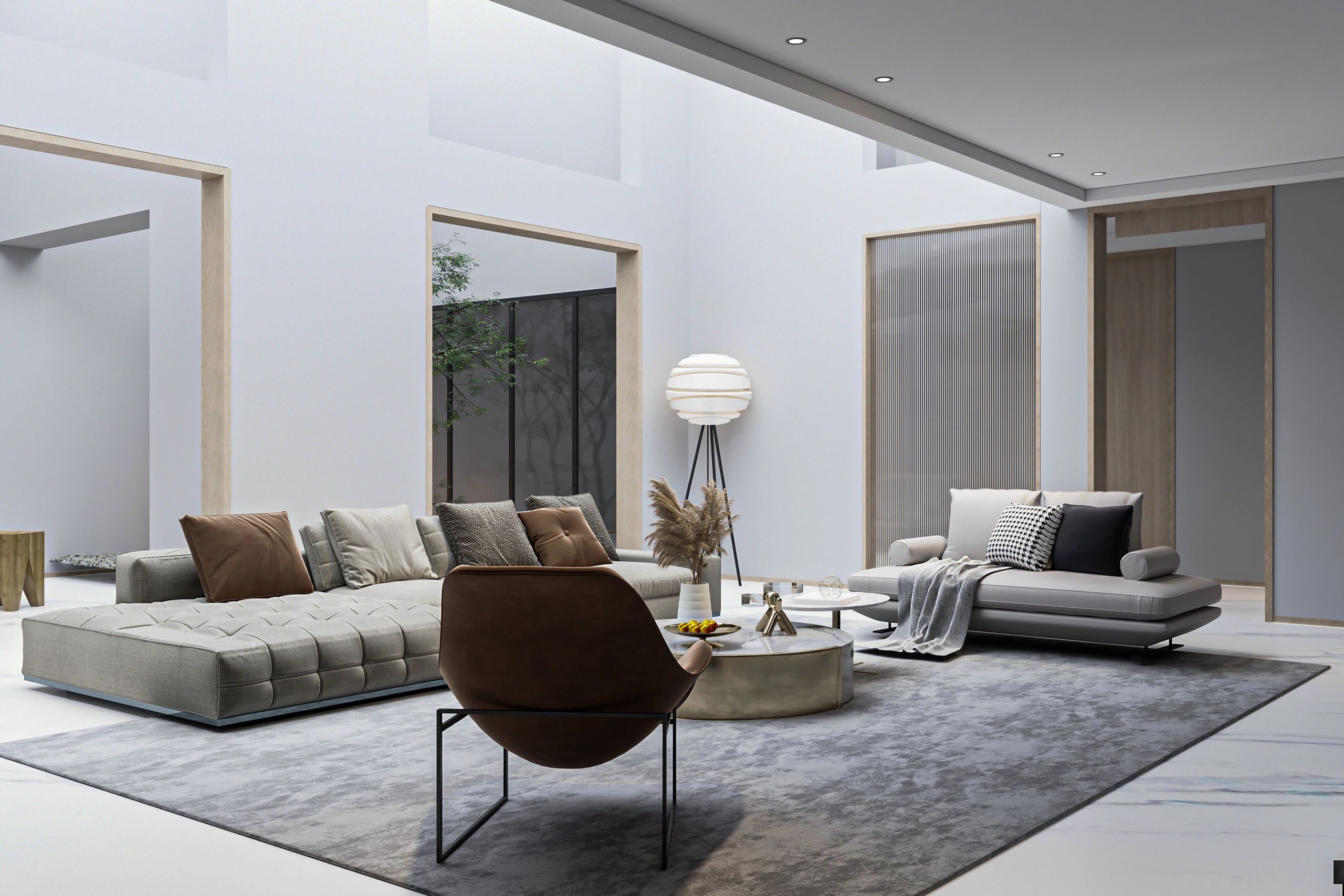 Modern minimalist living room with courtyard view
