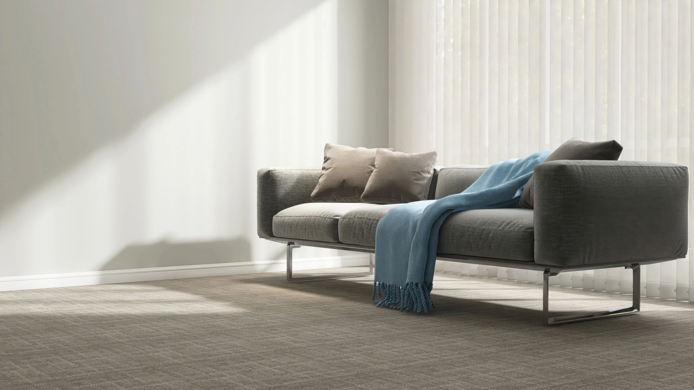 Minimal living room with modern sofa in sunlight